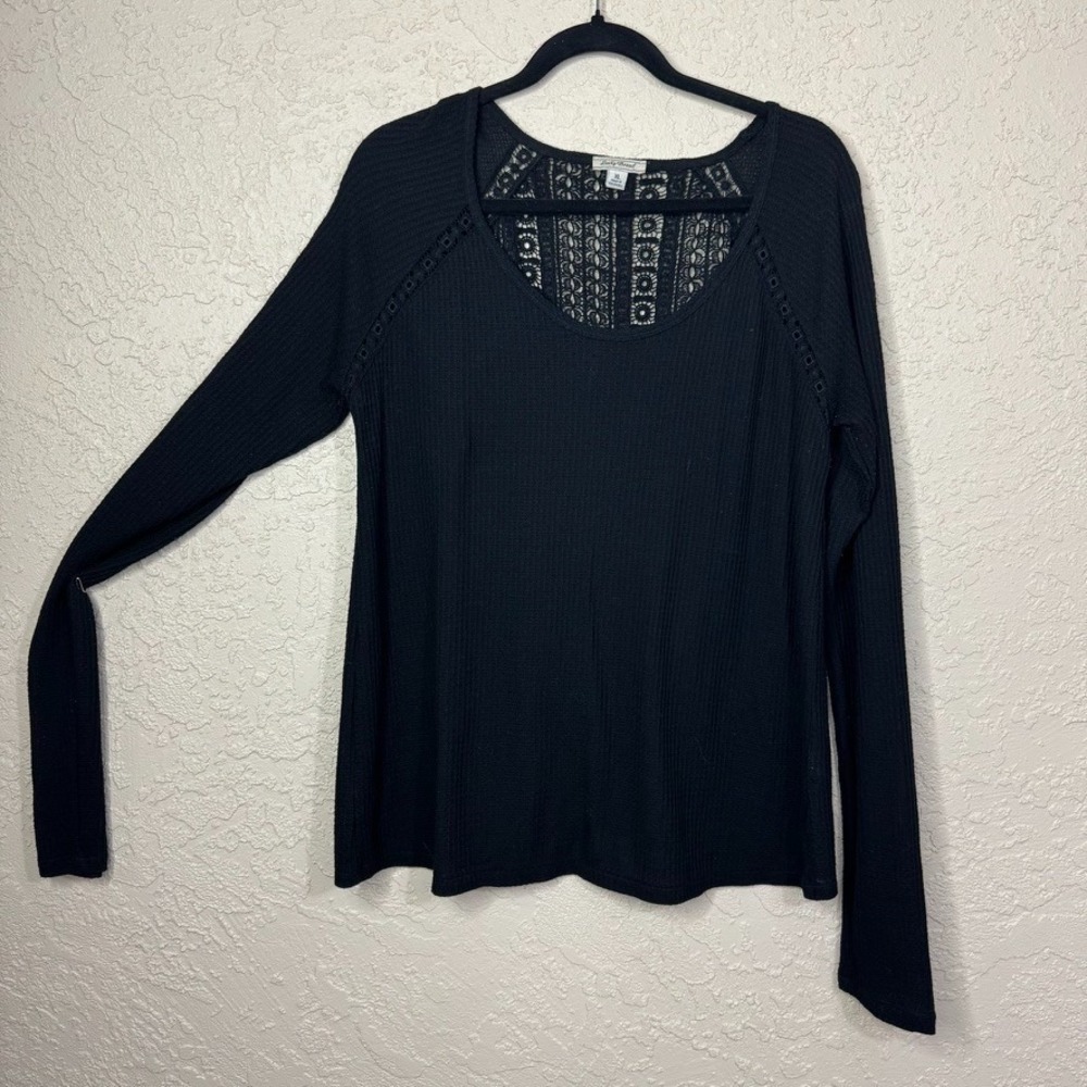 Lucky Brand Women's Y2K Black Waffle Knit Top Size XL Lace Back Dark Boho Casual